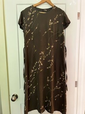 Floral Midi 100% Mulberry Silk Grey/Taupe Cherry Blossom Dress S-M